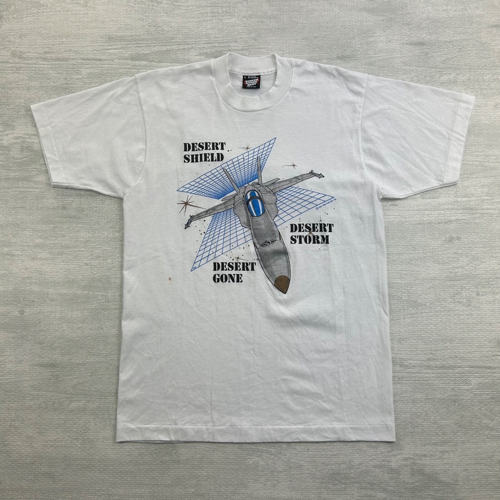 Vintage 80s Desert Storm Shirt Size‎ L White Fighter Jet Desert Shield Military